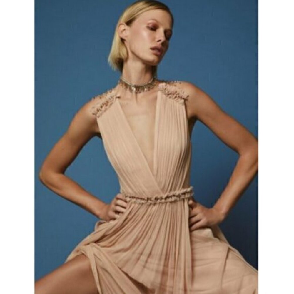 Bcbg Max Azria Blush Pink Silk Chiffon Swarovski Crystal Beaded Dress Gown Nwt 8